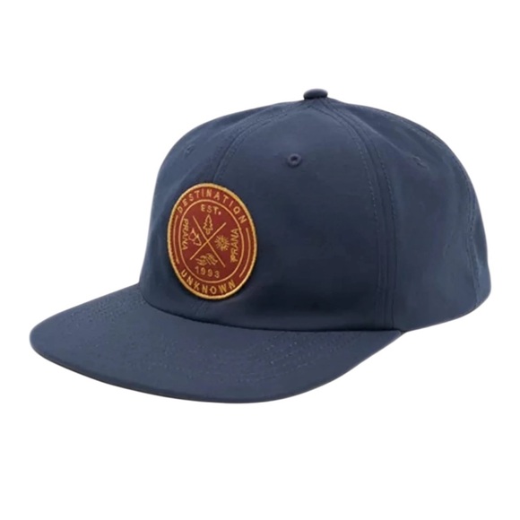 Prana Gazin Patch Snapback Hat Destination Unknown Unisex Navy Blue NWT Hiking - Picture 1 of 13